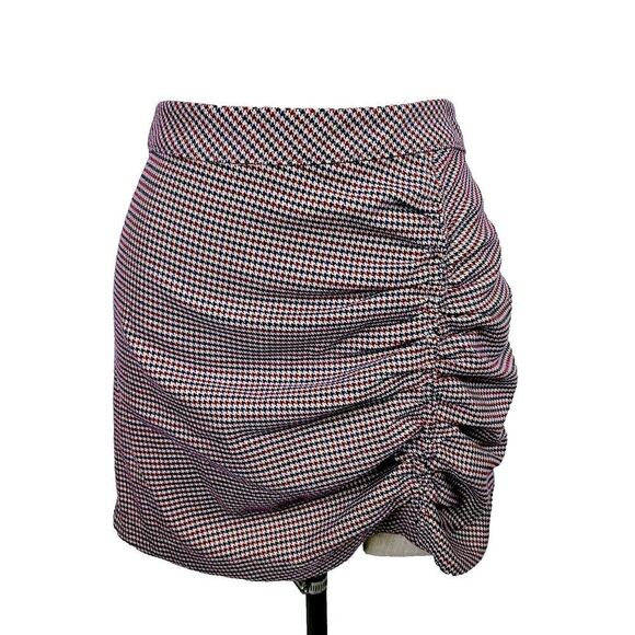 Free‎ People Mini Skirt 2 Black Red Houndstooth Ruched Soft Career Office - Picture 1 of 6